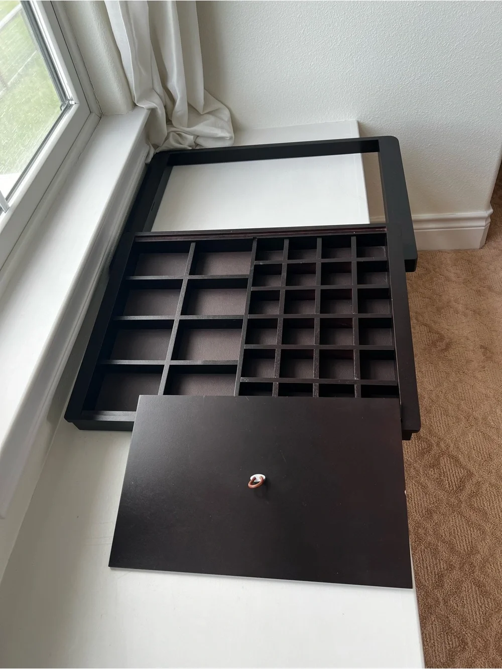 Elfa Built In Dark Brown Wood Jewelry Organizer with Sliding Lid